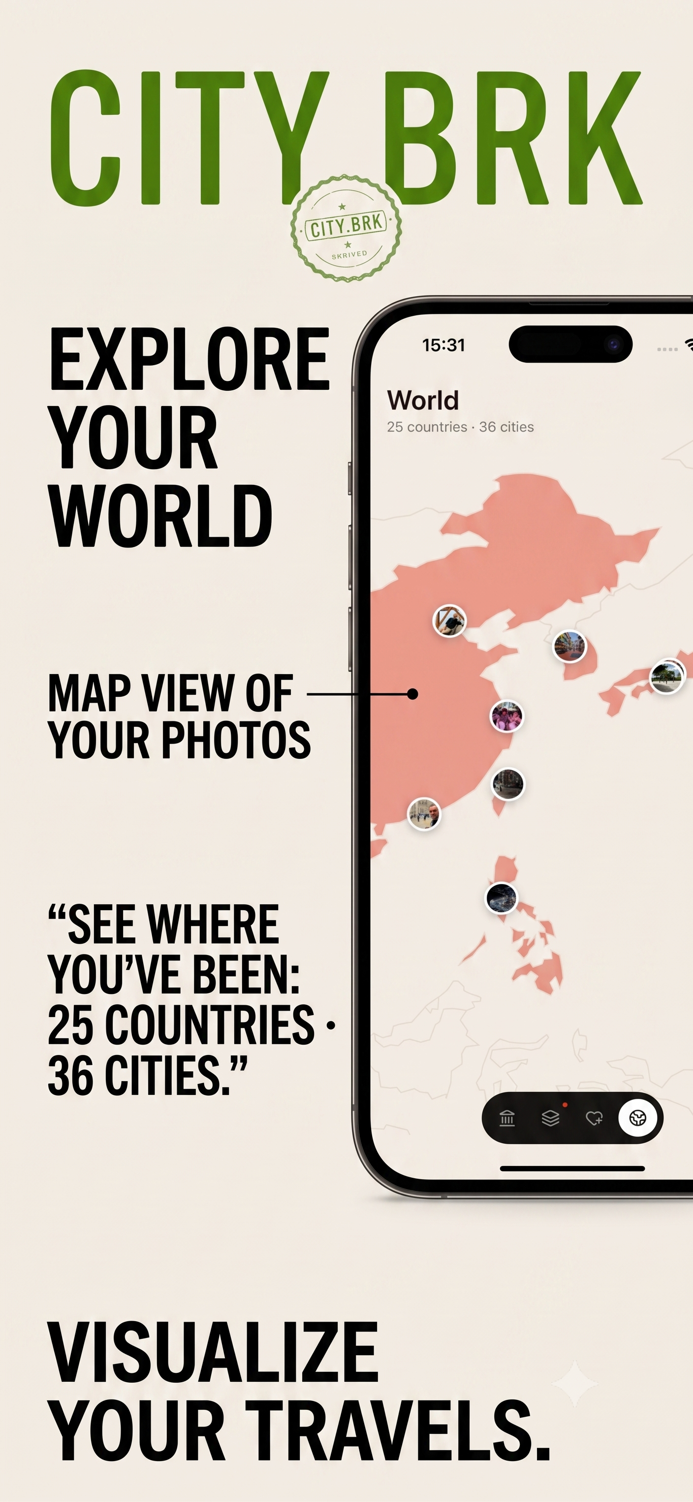 Citybrk world map — every visited country shaded, with a pin for each city, working entirely offline